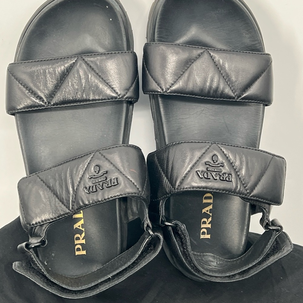 Prada Men’s Leather Slingback Platform Logo Two Strap Sandals EUR Size 38